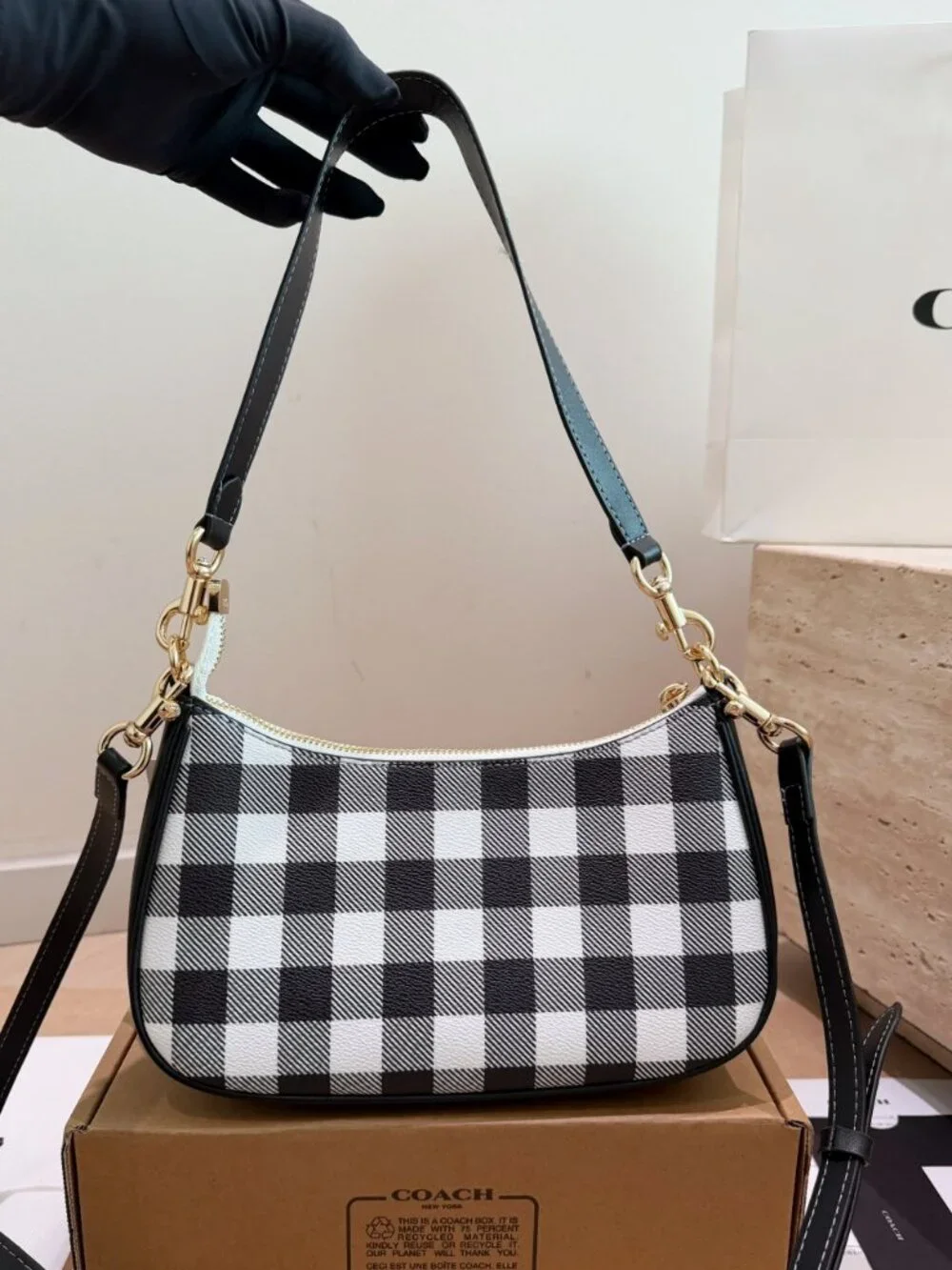 coach Emily Shoulder Bag With Gingham Print And Charm